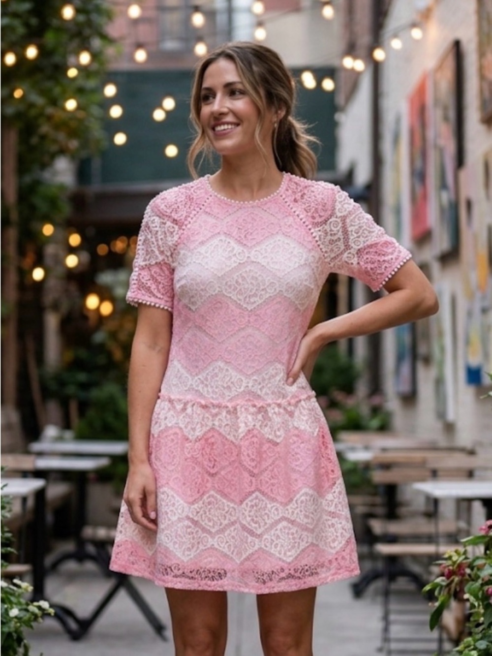 Everly Pink White Lace Pom Pom Trim Shift Dress Short Sleeve Wedding Guest Small